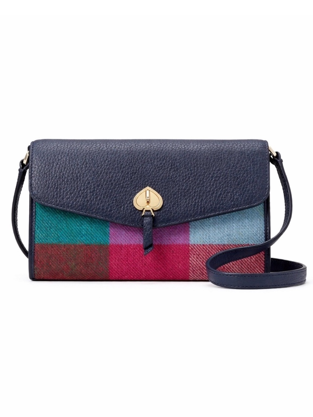 Kate Spade Marti Plaid Wallet Crossbody Navy Pebbled Leather Gold Hardware - EUC